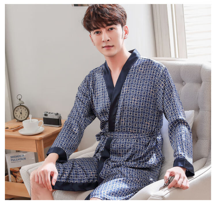 60夏季男款薄款冰丝质短袖睡袍男士加大码浴袍男仿绸和服家居服417