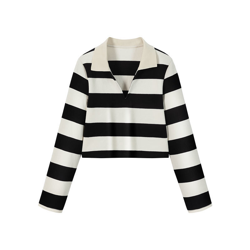 海岛假日~秋季黑白条纹长袖t恤上衣撞色翻领polo衫 黑白条纹 m 106