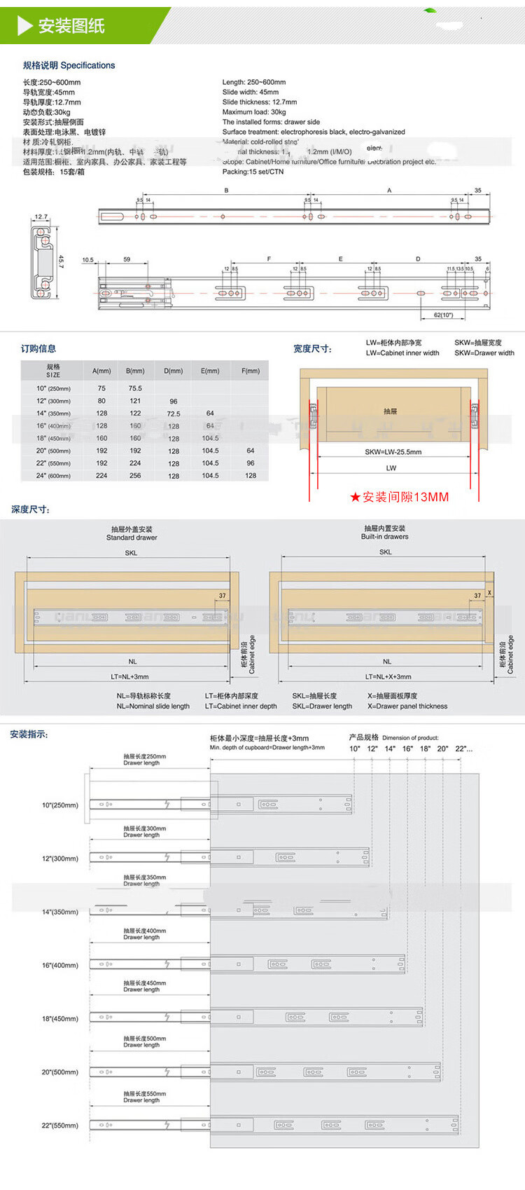 抽屉滑轨尺寸对照表图片