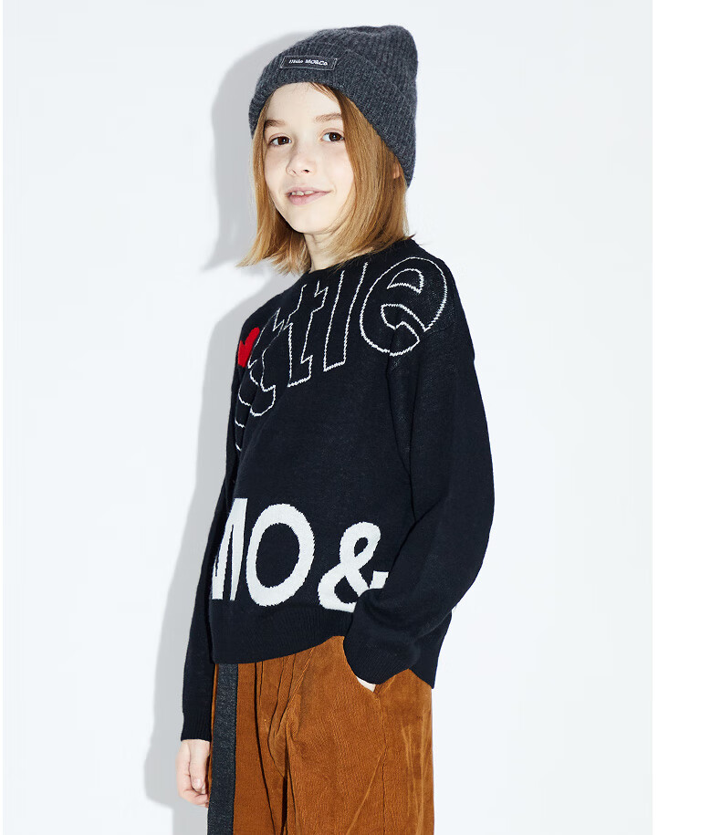 littlemoco春秋装新款男女儿童混纺羊绒衫大logo套头针织毛衣黑色
