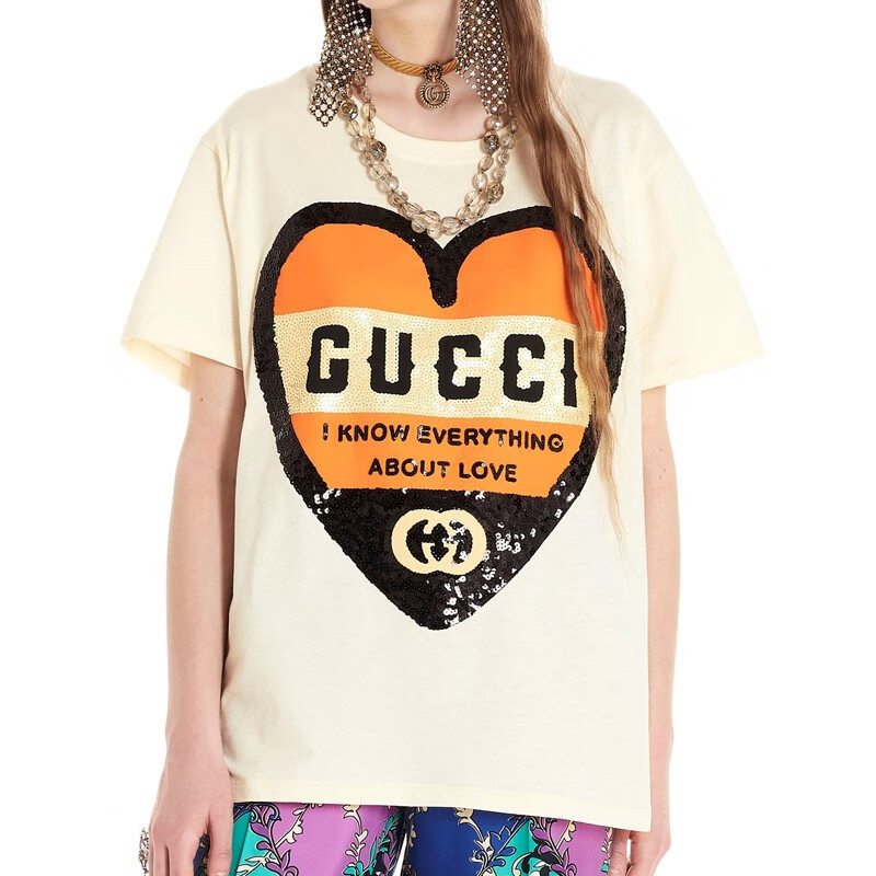 gucci古驰女装2020春夏季新款亮片爱心宽松版女士短袖t恤 492347 xjb