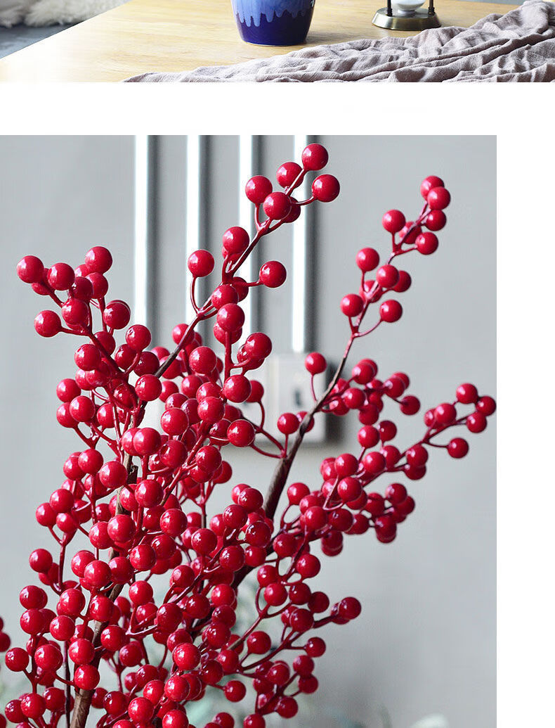 仿真发财果冬青果新年福桶红色浆果红果子花假花摆设家居过年插花装饰