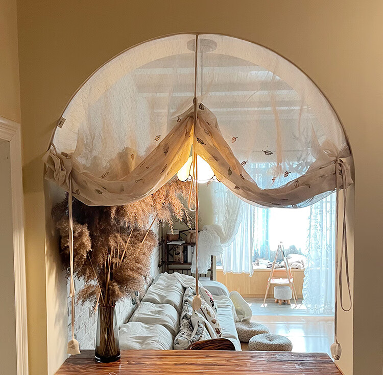 法式提拉帘「达尔文」弧形窗魔术贴免打孔日式提拉亚麻窗帘罗马帘隔断