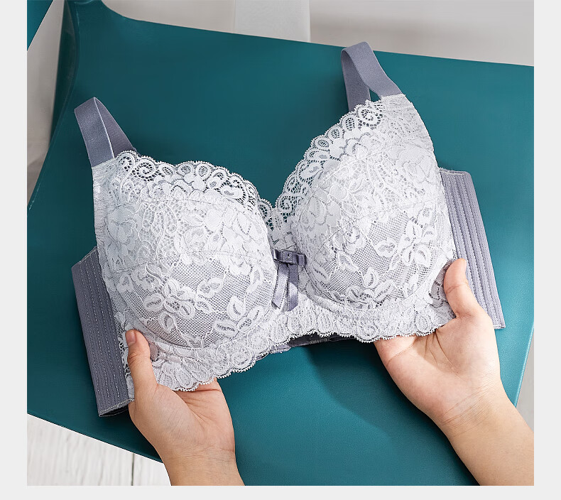 千奈美新款内衣女轻薄款大胸显小蕾丝文胸上托防下垂全罩杯胸罩米杏色