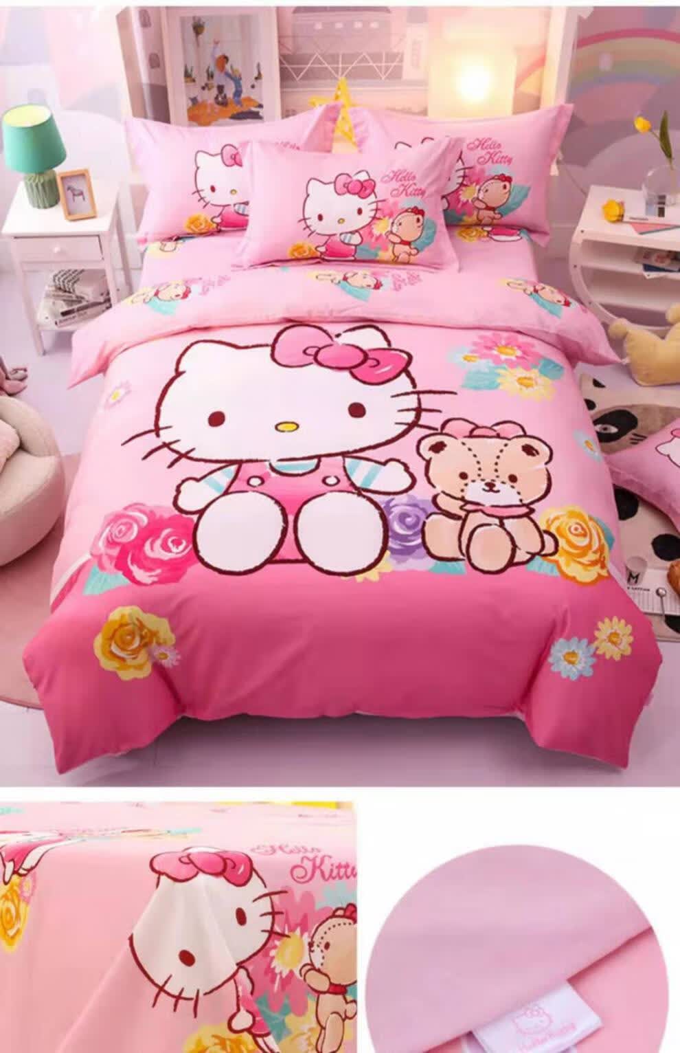 凯蒂猫床上四件套hellokitty磨毛被套床单卡通kt猫床上用品女炫酷涂鸦