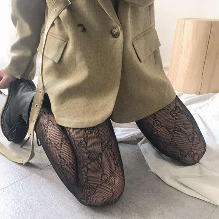 网红双丝袜潮牌抖音同款f渔网袜大码欧美性感带图案连裤网袜 网格g