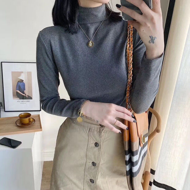 motie德绒阳离子打底衫女保暖半高领针织衣加绒加厚款秋冬韩摩卡色