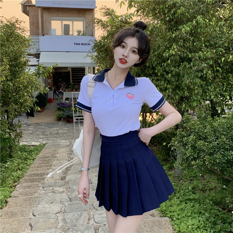 大学生初中高中生少女jk制服女夏季洋气套装学院风韩版polo领短袖t恤