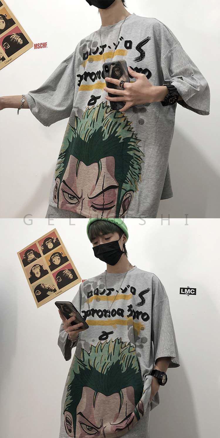 京选品质格罗诗韩国ins复古潮牌海贼王索隆印花情侣款夏季上衣宽松