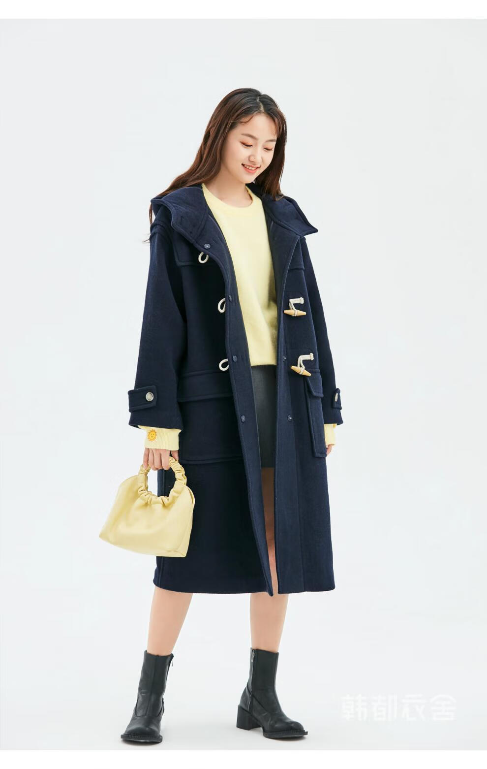 韩都衣舍新款牛角扣呢子大衣毛呢外套女rw8933兴格纹axs