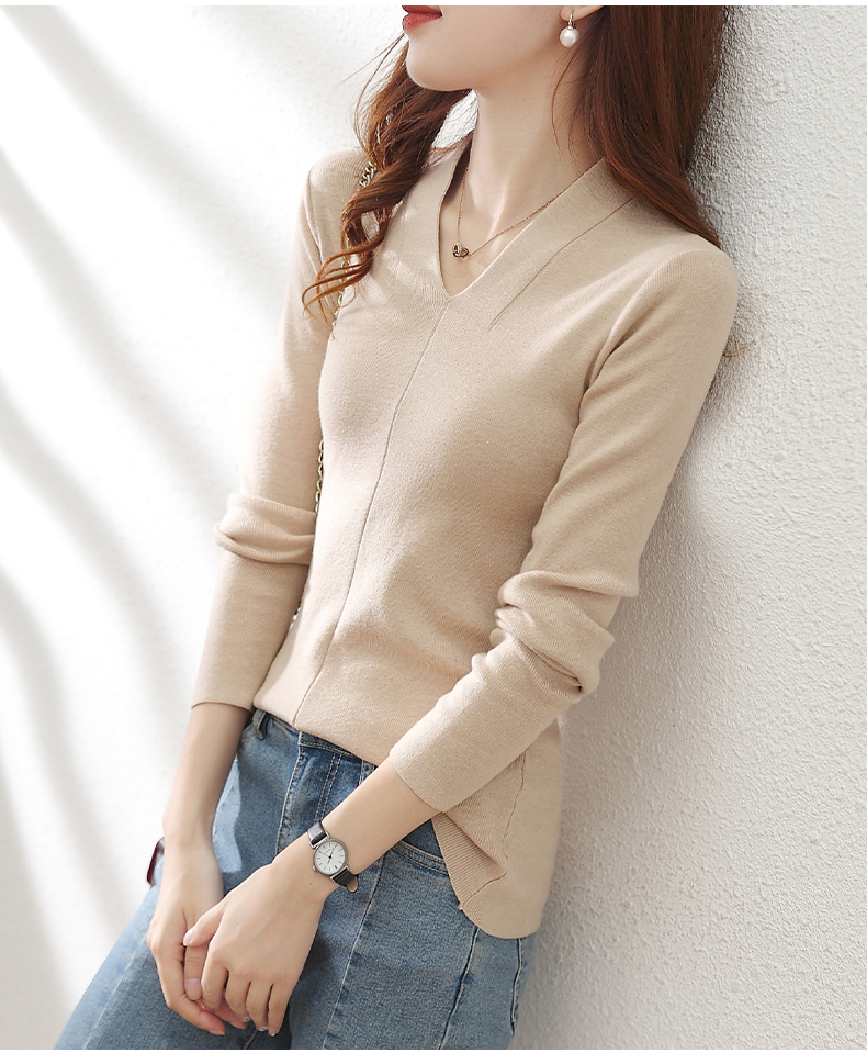 衫女春秋薄款2021年新款白色打底衫内搭v领上衣修身洋气毛衣米白xl