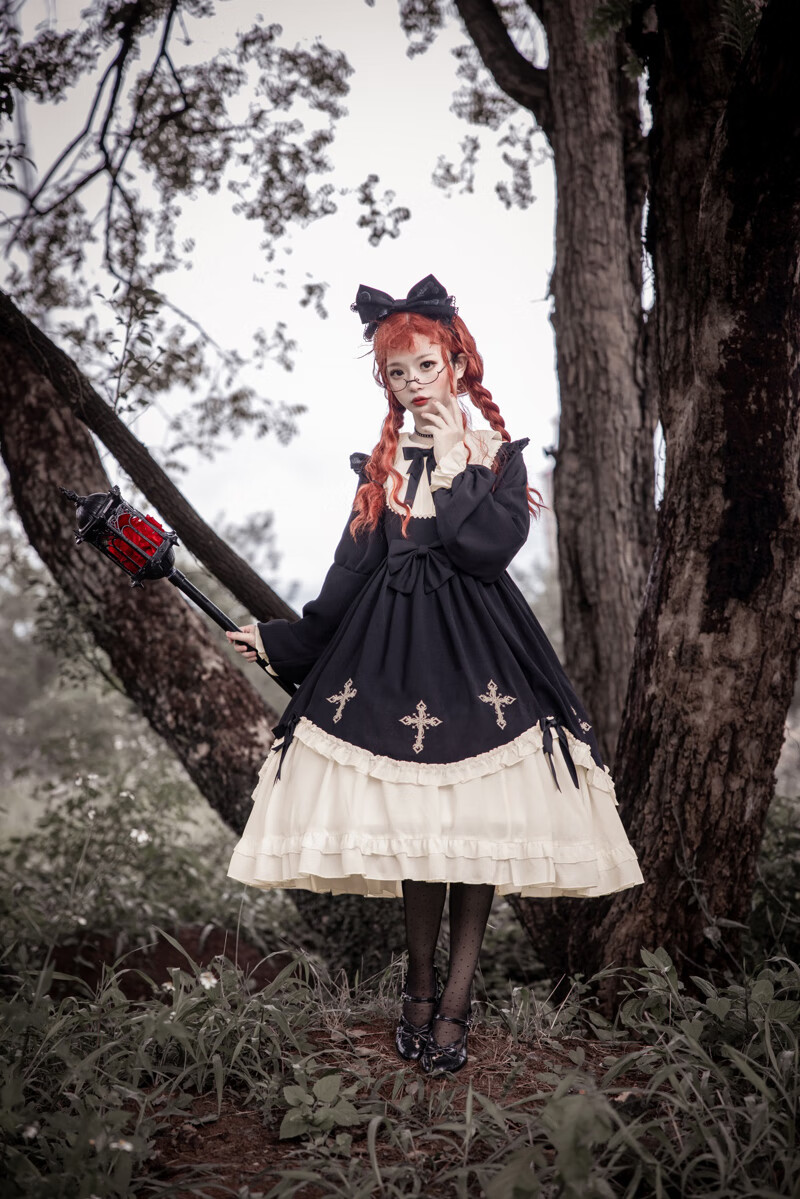 原春少女lolita星夜十字刺绣洋装暗黑洛丽塔日常op长袖连衣裙 酒红