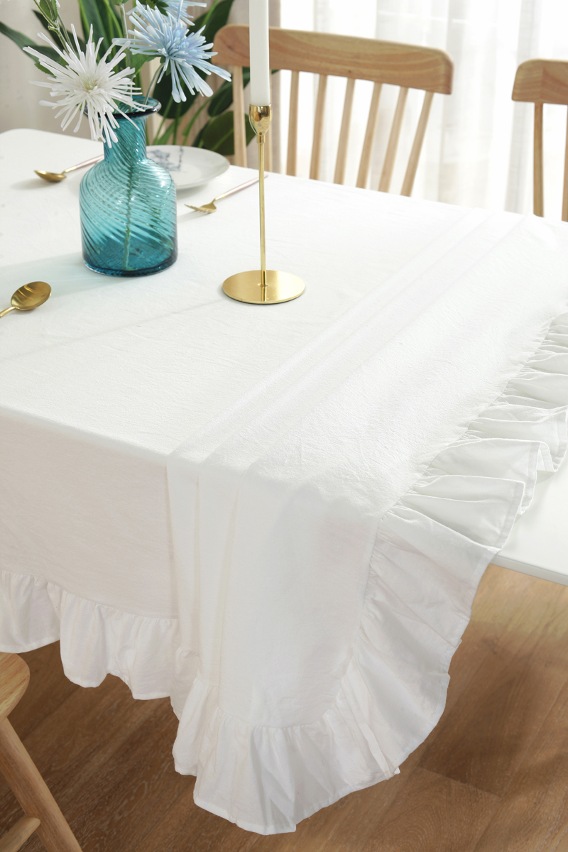ins文艺冷淡风白色水洗棉纯棉餐桌布台布书桌布荷叶边拍摄背景布白色
