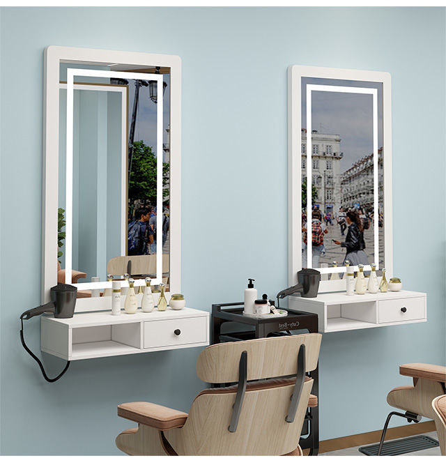 美发店镜台镜子发廊柜子台面体挂墙理发店美发壁挂式镜子白色10060带