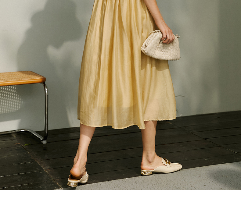 veraveins透气光泽感天丝棉压褶裙子夏季新款浪漫简约u型领花苞袖