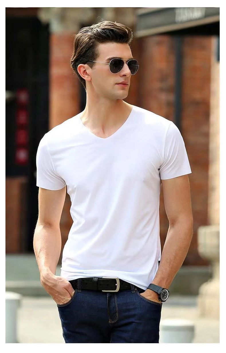 男士冰丝无痕莫代尔速干运动短袖内衣打底衫色v领t恤修身半袖潮十白色