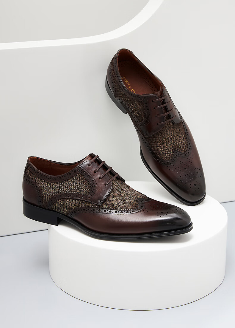 皮尔卡丹男鞋22春季新款布洛克雕花艺术拼接复古风时尚皮鞋棕色男款37