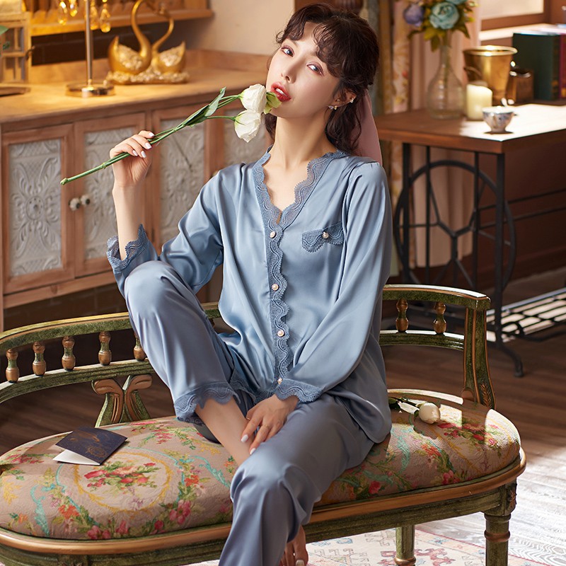 法国品牌kj重磅真丝带胸垫冰丝睡衣桑蚕丝女夏季春秋季长袖两件套装