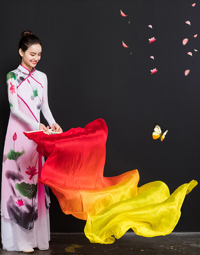 加长舞蹈扇子跳舞扇锦鲤抄渐变稠扇双面成人儿童广场舞扇子红昭愿真丝