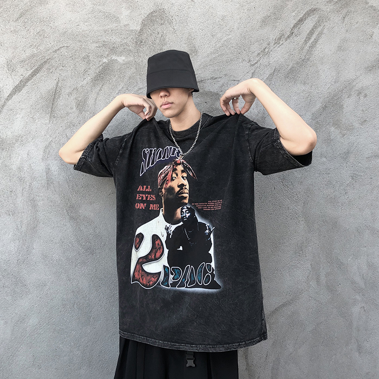 黑白述 欧美高街水洗做旧说唱歌手2pac人像印花短袖t恤男ins宽松复古