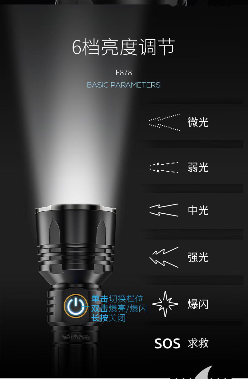 微笑鲨强光手电筒超长续航户外远射超亮保安巡逻防身手电充电耐用大