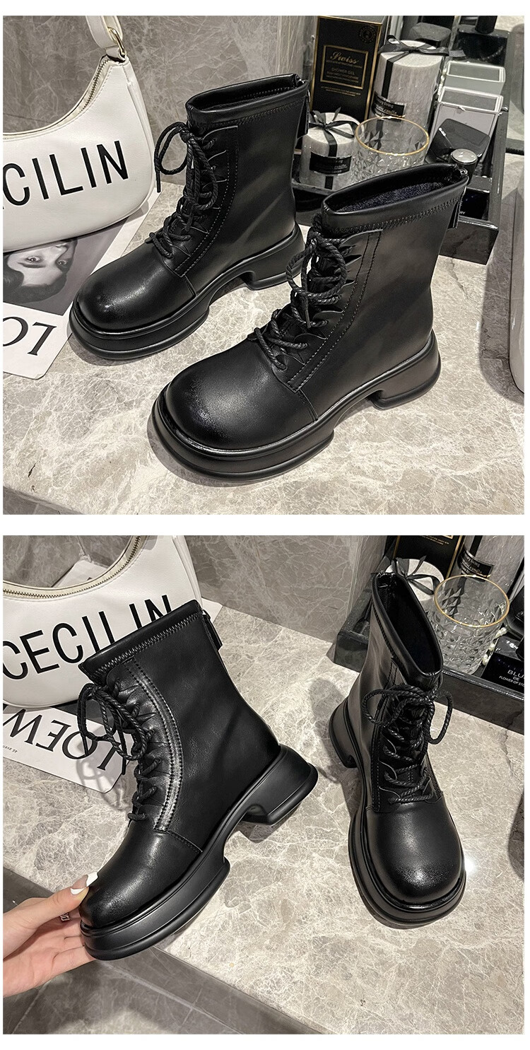2022直播款马丁靴工装机车鞋欧风时尚休闲中筒靴 黑色 35【图片 价格