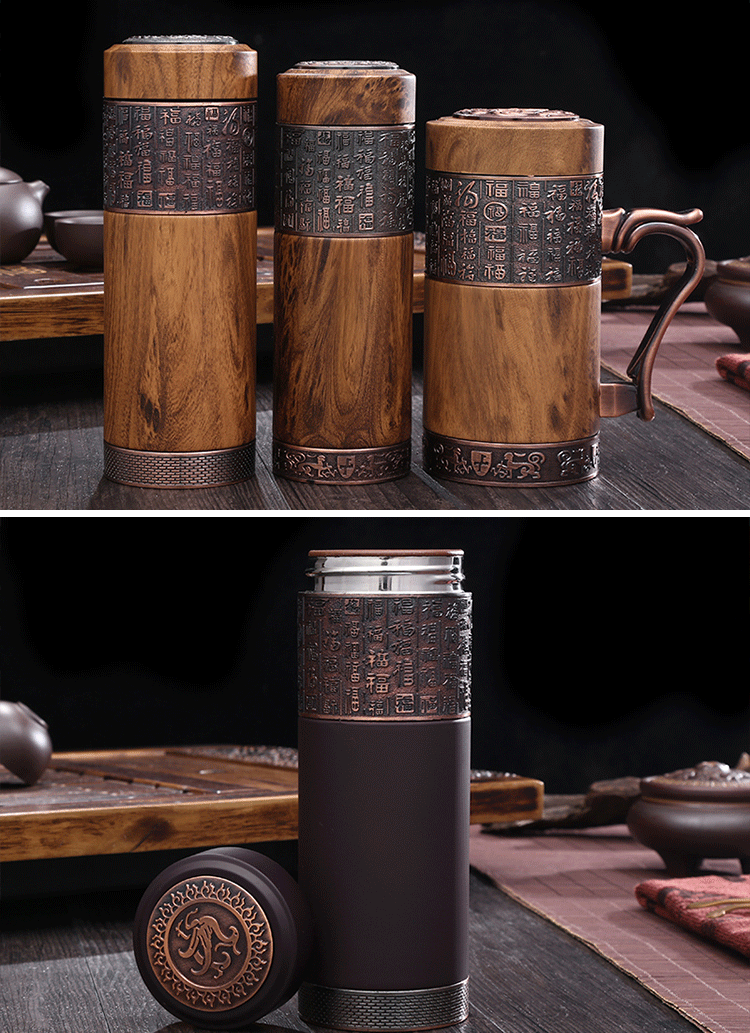 今时月 宜兴紫砂保温杯男士办公室茶杯紫砂杯子送礼 紫砂色龙马把手杯