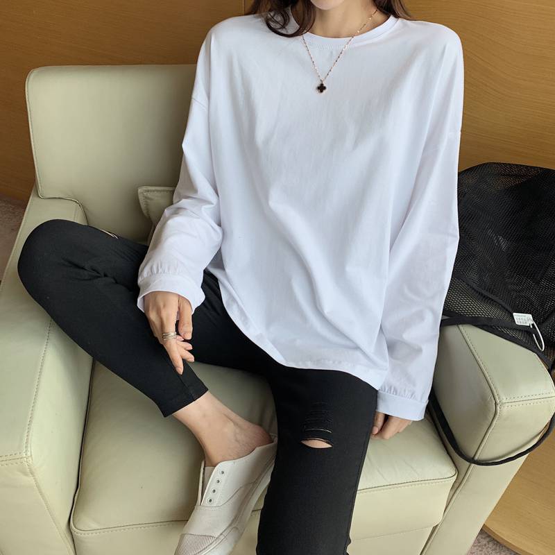 下摆破洞长袖t恤女纯棉白色t百搭女中长款宽松上衣加绒德绒秋冬季贴身