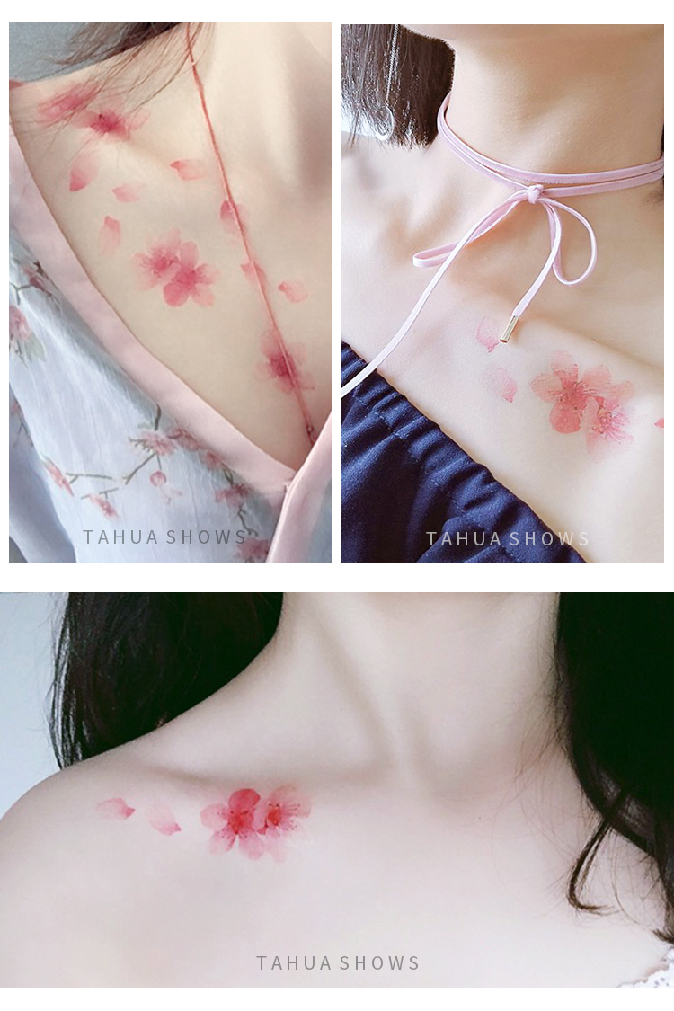 她画樱花的回忆锁骨纹身贴女防水持久贴纸桃花一次性图案