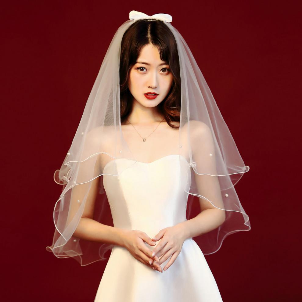 珍韵缘新款韩式小头纱领证拍照头纱新娘结婚配饰影楼写真头纱多层蓬蓬