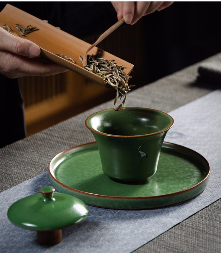 容山堂景致宝青仙鹤盖碗陶瓷大三才茶碗女主人茶杯窑变茶具茶盏碗宝青