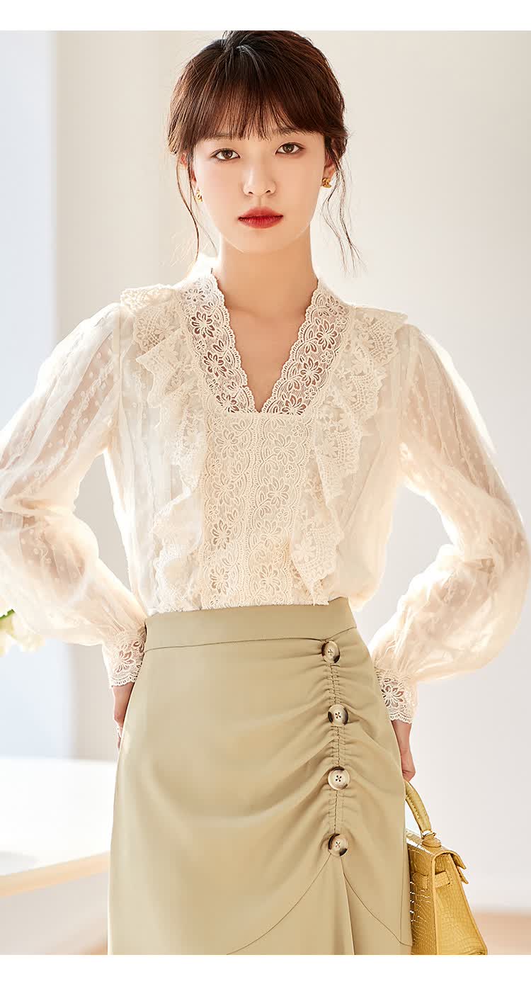 艾尔suoar轻奢品牌女装衬衫女通勤优雅蕾丝重工花边刺绣长袖上衣米色l