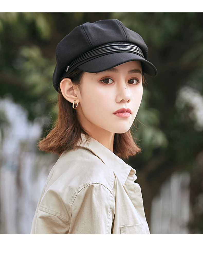 嘿饰汇 贝雷帽女士春秋新款夏天黑色报童帽夏季薄款适合圆脸八角帽子