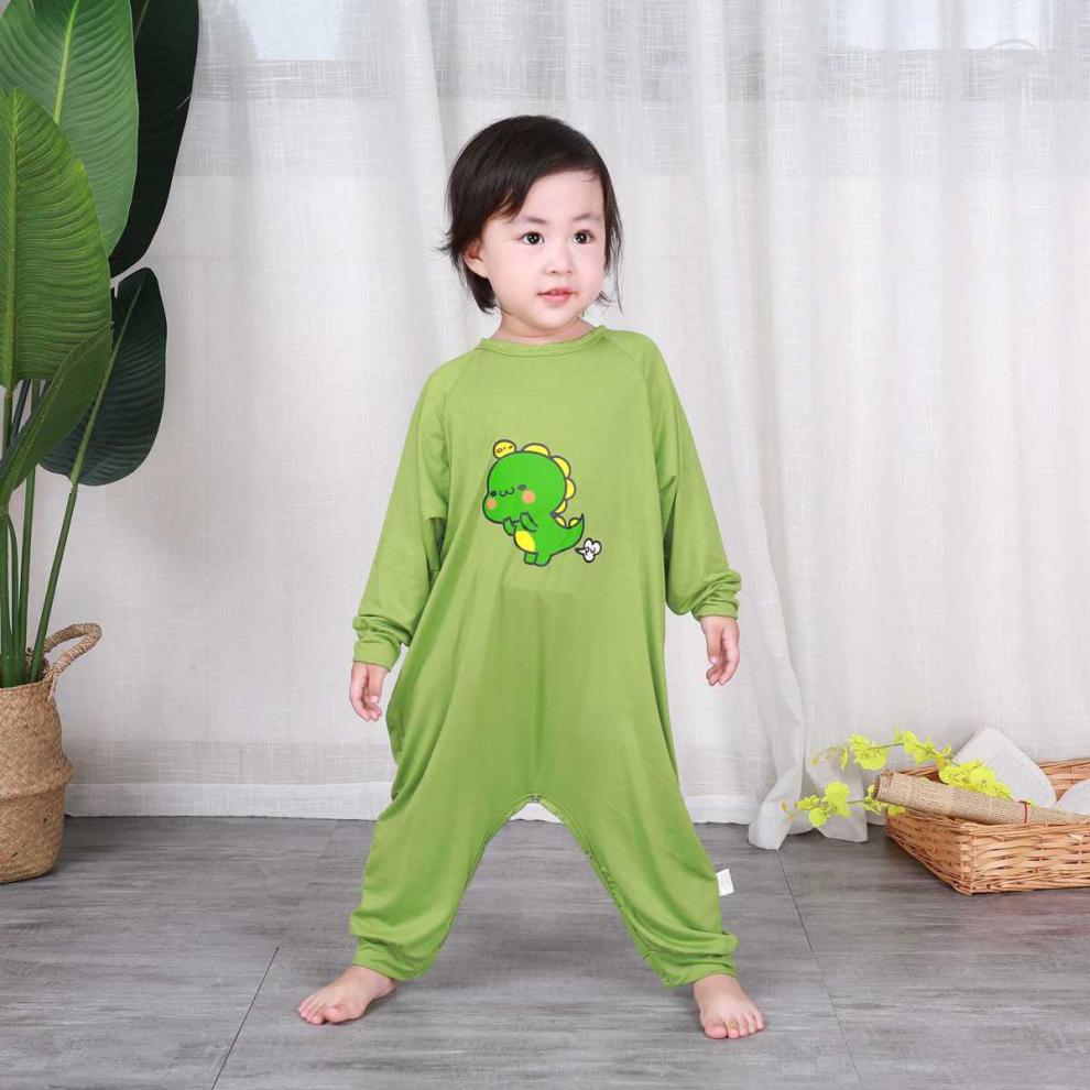 婴儿连体衣春夏季薄款儿童莫代尔睡衣宝宝男女童家居服橄榄绿短袖80码