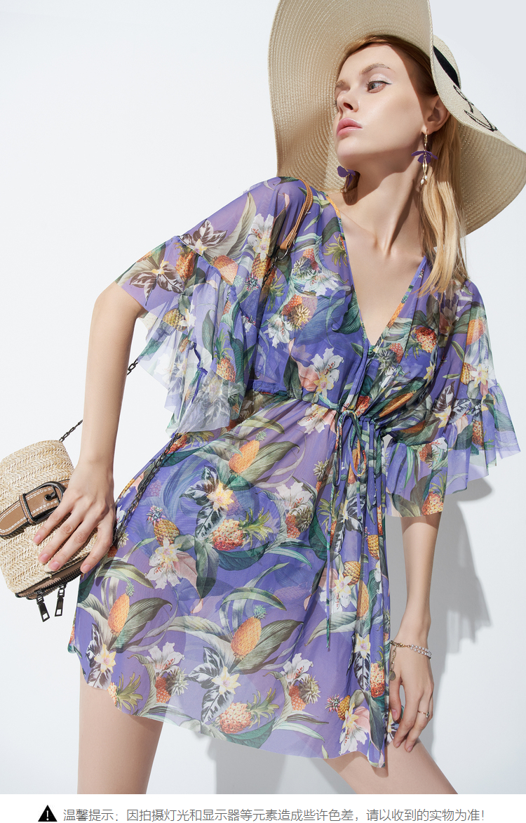 安莉芳泳衣安莉芳性感比基尼分体游泳衣女士网纱遮肚荷叶袖泳装3件套