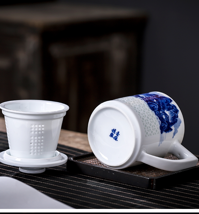 柳家窑景德镇青花玲珑杯手工带过滤内胆大容量男士家用手绘陶瓷茶杯带