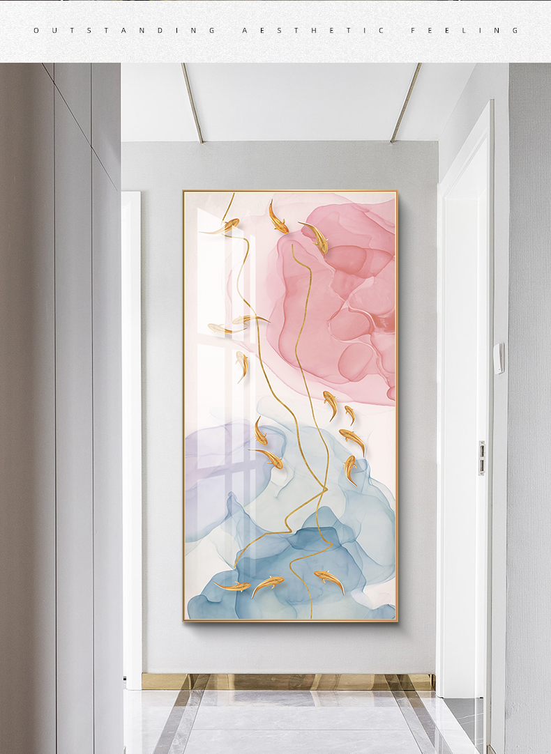 生态家居九鱼图玄关装饰画入户轻奢挂画晶瓷壁画客厅走廊竖版过道墙画