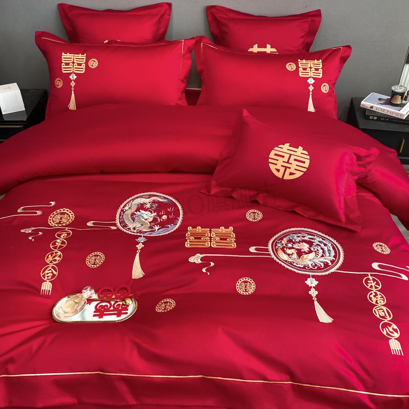 徐州云锦婚嫁四件套中式婚庆大红色四件套婚嫁感简约风磨毛龙凤被套