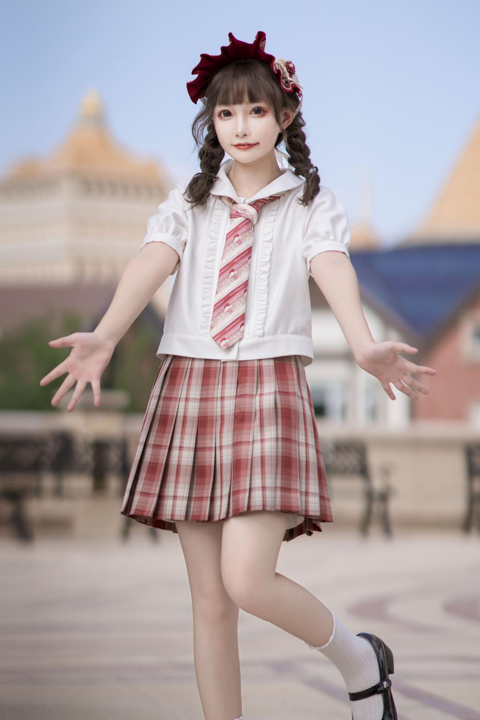 御茶家小红帽原创jk制服格裙短长早秋季百褶半身裙现货42cm裙长m