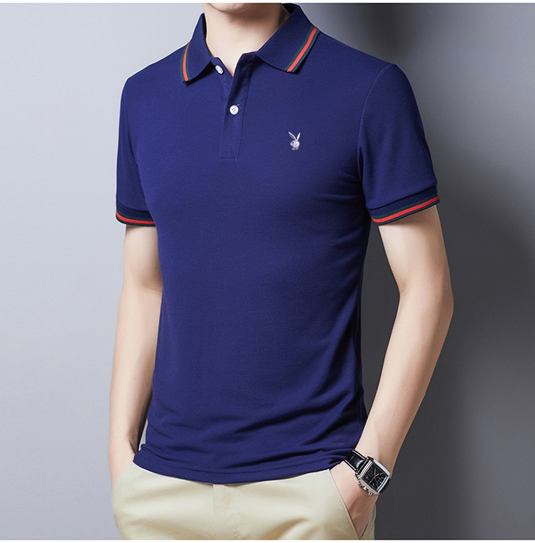 花花公子短袖t恤男2021夏季新款纯色翻领中青年休闲纯棉t恤衫黑色165m