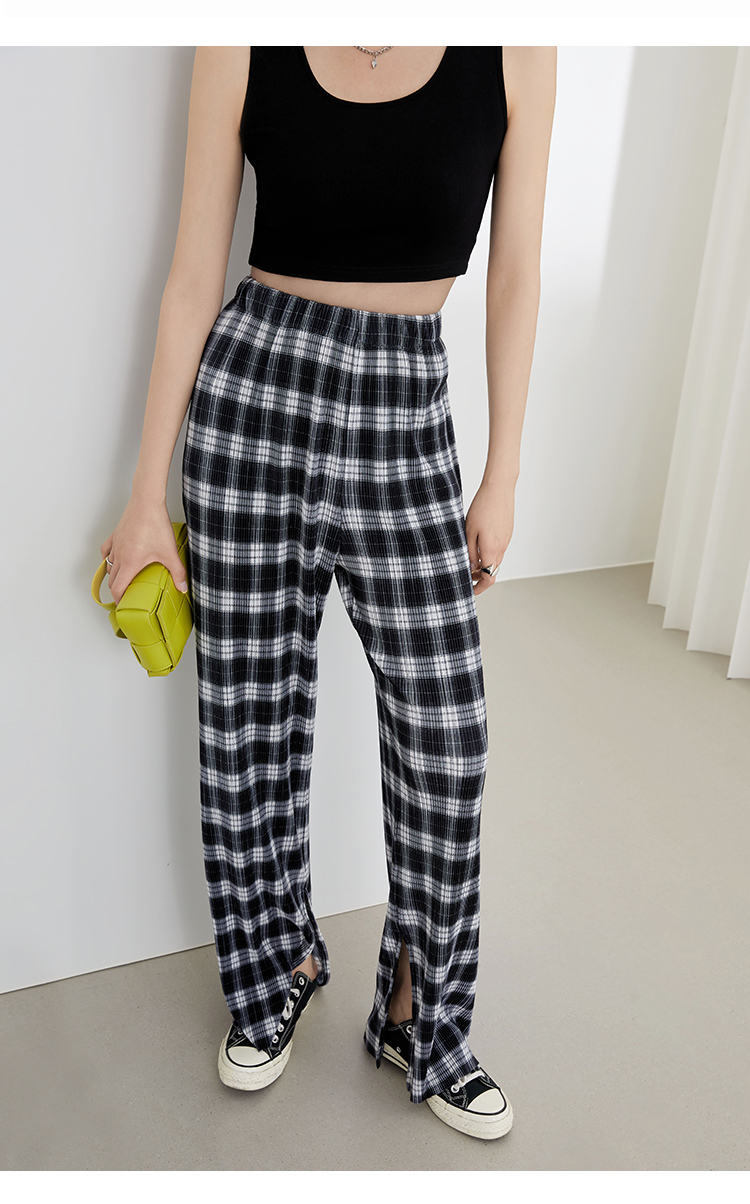 范思蓝恩211633格子高腰阔腿裤女夏季薄款垂感宽松直筒拖地休闲裤黑白