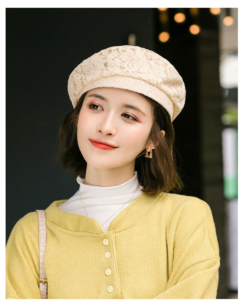 贝雷帽女秋冬薄款透气复古八角帽日系百搭休闲褶皱蕾丝画家帽子潮hw酒