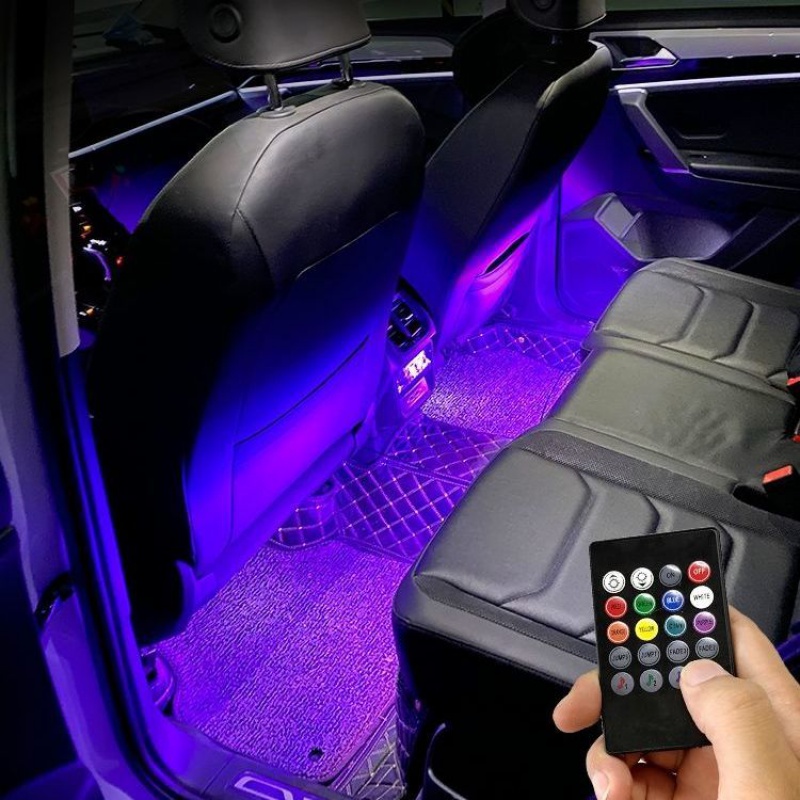 汽车车内氛围灯改装led爆闪装饰灯脚底灯七彩声控音乐节 冰蓝色【点烟