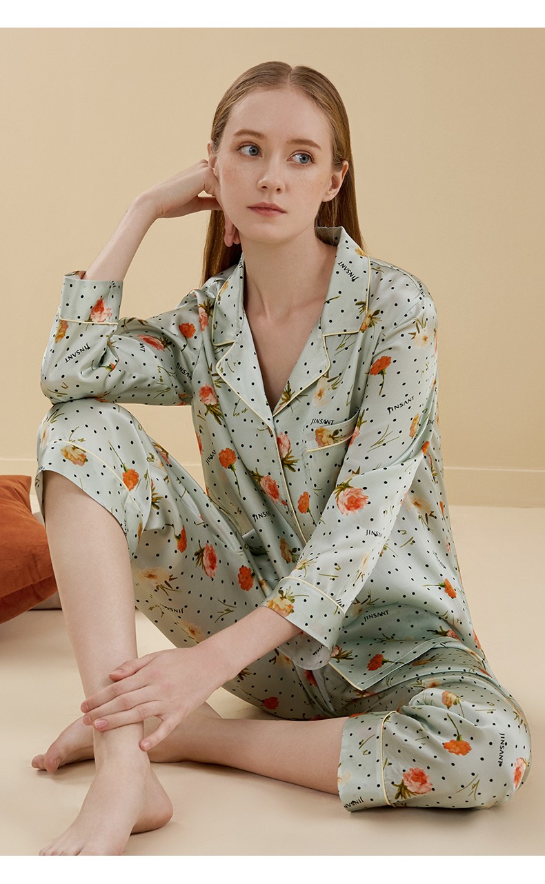 金三塔睡衣女真丝素绉缎艺术印花套装时尚外穿桑蚕丝绸长袖家居服ys