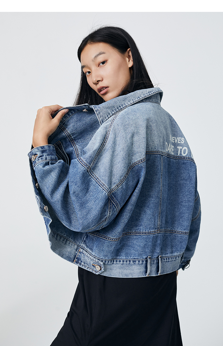 新】艾莱依2021春夏新款复古短款牛仔服女修身小个子韩版休闲牛仔外套
