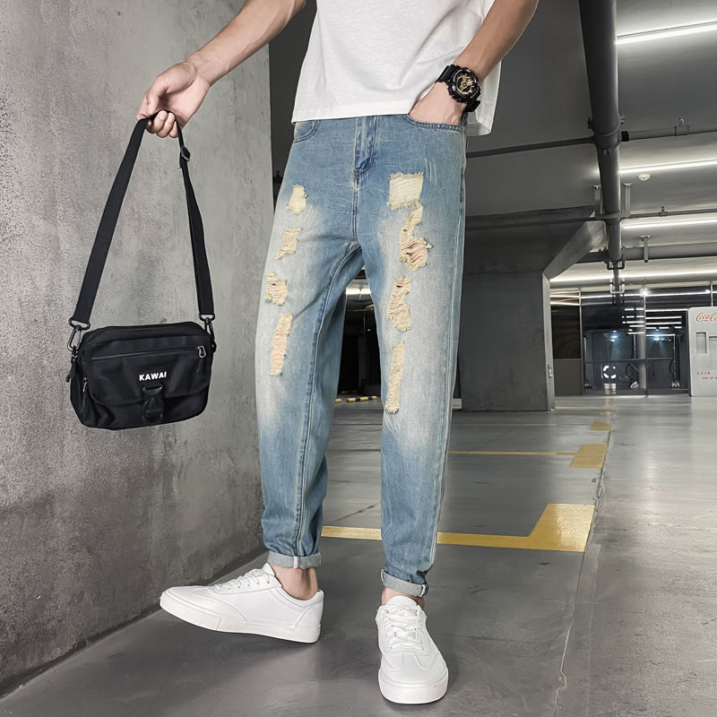 洞牛仔裤韩版宽松小脚潮流浅色乞丐休闲长裤子百搭帅气男士男生显高