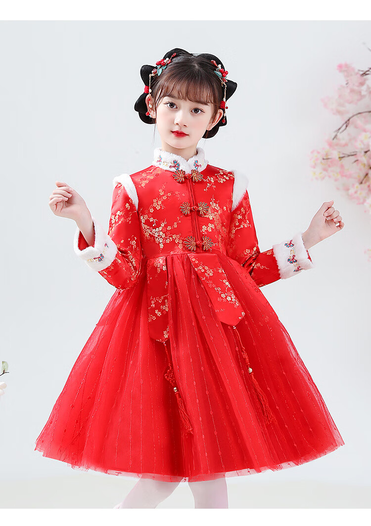 3-12岁小女孩穿的儿童全身加棉唐装冬季女童红色过年拜年服中大小童