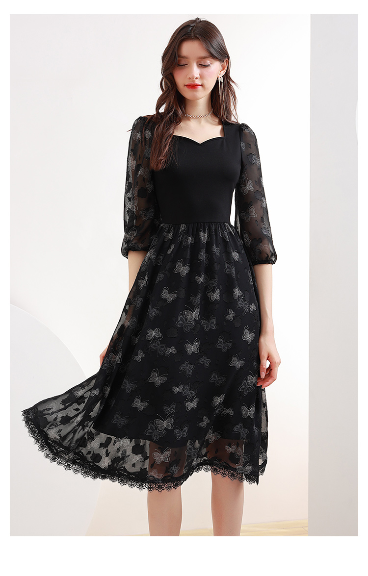 未风雪纺印花黑色连衣裙女夏季新款优雅气质秋装显瘦裙子黑色l