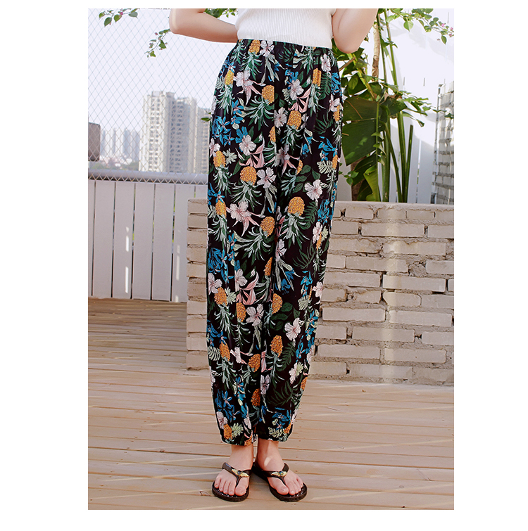 棉灯笼裤女纯棉绸睡裤印花宽松长裤绵绸薄裤子大码家居裤ck女rzm层叠