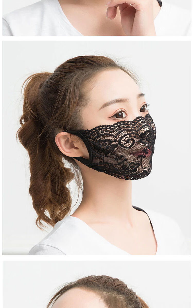 夏季薄款雷丝口罩口罩女夏季薄款透气防晒面罩遮脸防尘黑色蕾丝舒适